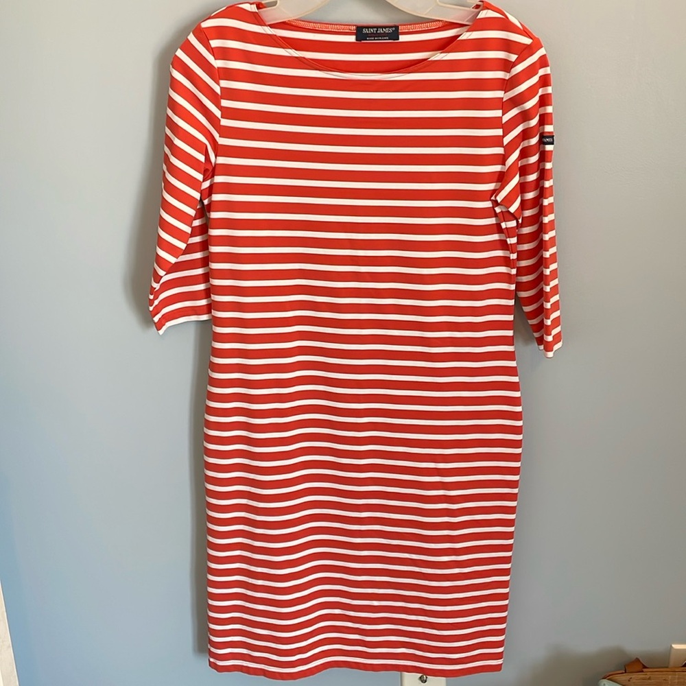 Saint James Propriano Dress Sz 8 Nautical Pink White Stripe 3/4 Sleeve AntiUV